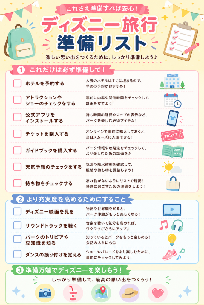 これさえ準備すれば安心
ディズニー旅行準備リスト
楽しい思い出を作るためにしっかり準備しょう！