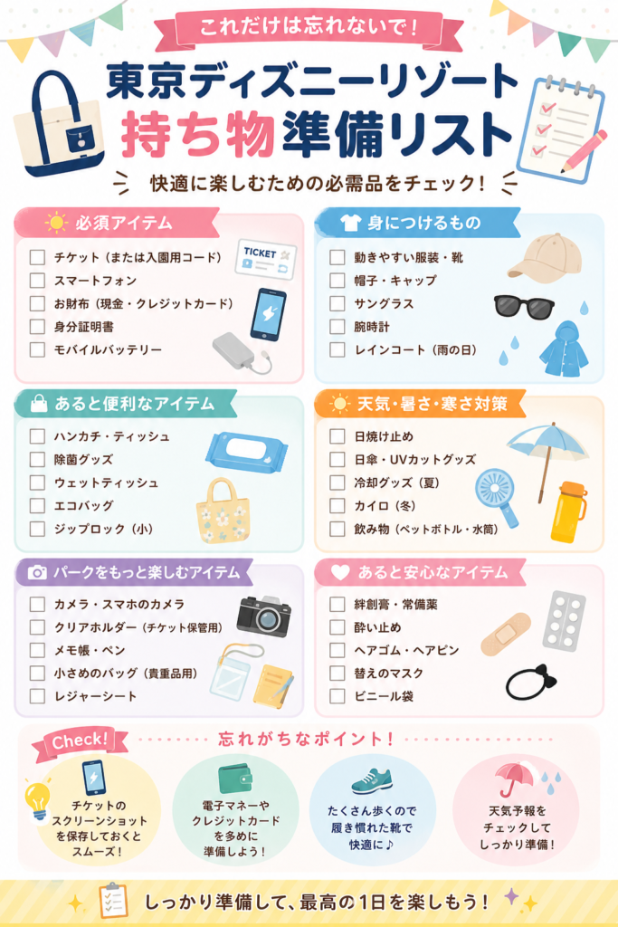 東京ディズニーリゾート持ち物準備リスト
これだけは忘れないで!快適に楽しむための必需品をチェック!