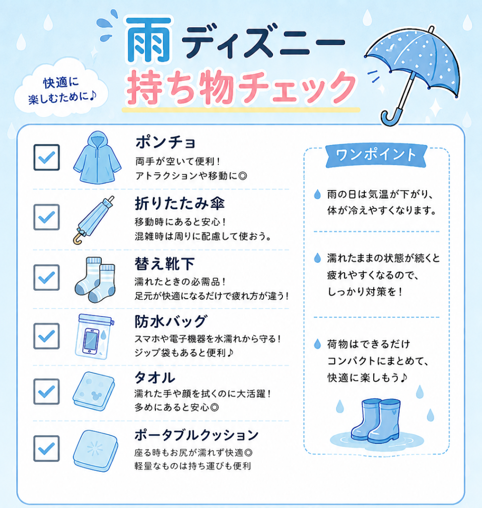 雨ディズニーを快適に楽しむための持ち物チェックリスト