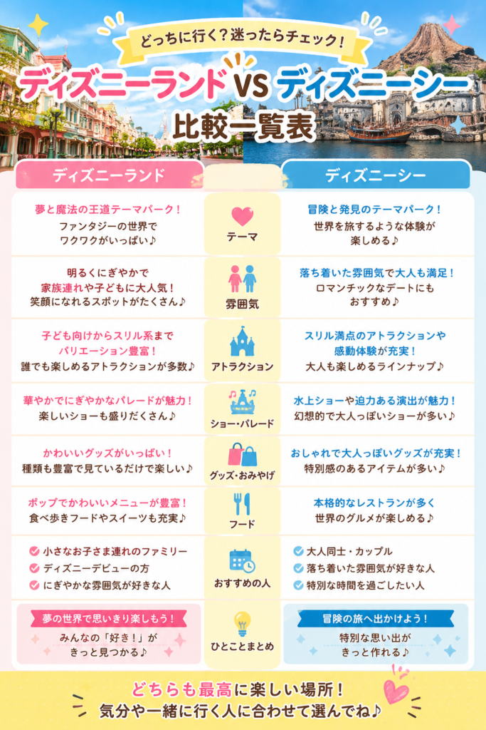ディズニーランドvsディズニーシー比較一覧表
どっちにいく?迷ったらチェック!